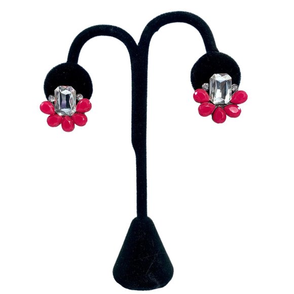 Statement Fashion Earrings Clear/Hot Pink Stones Stud Post for Pierced Ears - Picture 3 of 4